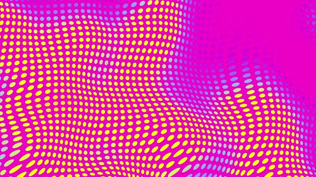 4k seamless looping animated hot pink pop art background. Yellow circles . Polka dot pattern moving on waves. Sunny summer kid