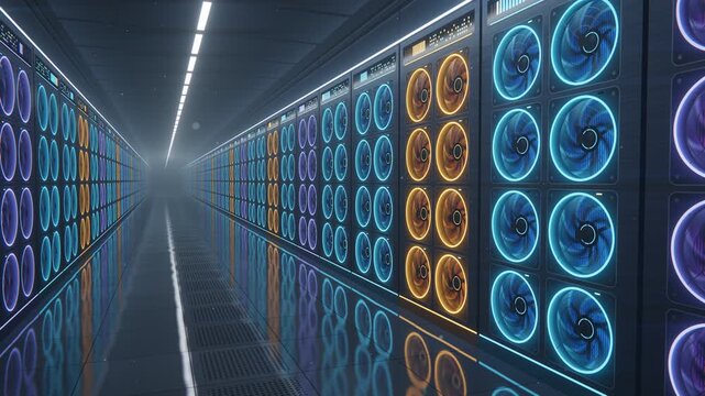 Modern Server Room Corridor With Glowing Cooling Fans In Data Center