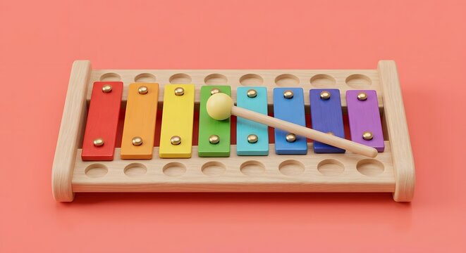 Colorful wooden toy xylophone with mallet on coral pink background