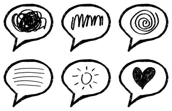Six black outline speech bubbles featuring varied scribble patterns with rough textured to describe emotion and thought. 