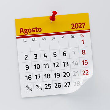 August 2027 Calendar Page Pinned on White Background