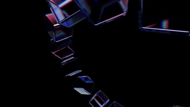 Chain of glass cubes twisting through space with iridescent reflections on a black background, seamless loop, 3d rendered animation
