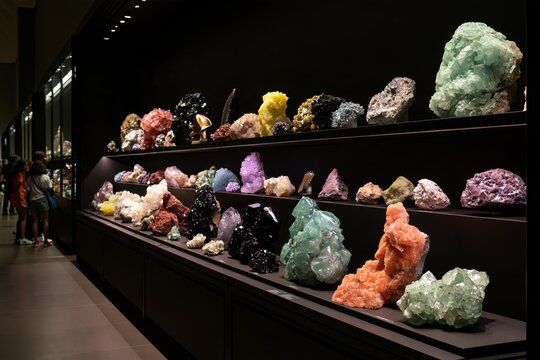 Shimmering crystals and raw mineral specimens arranged on dark tiered shelves in a museum exhibit space, vibrant colors of quartz amethyst calcite fluorite pyrite malachite carnelian rose quartz