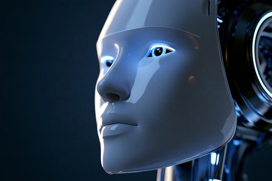 Closeup profile of a futuristic female robot head with glowing blue eyes, smooth silver metallic surface reflecting light, intricate mechanical components visible behind the neck