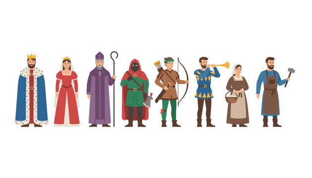 Diverse medieval social classes including royalty and peasants arranged in a horizontal lineup illustration.