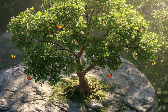 Lush green tree with dense foliage and small pink blossoms growing on a large gray rock, orange butterflies fluttering around the branches, dappled sunlight filtering through leaves