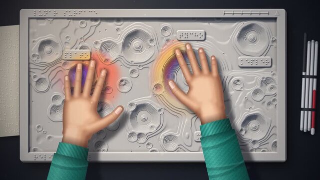 Blind student exploring tactile 3D printed moon surface by tracing craters with fingertips