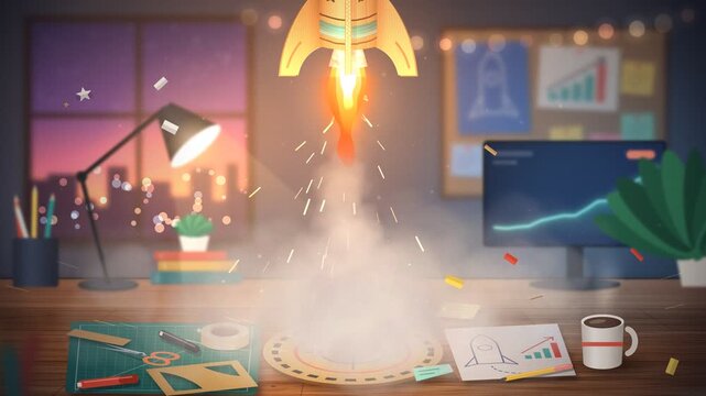 Cardboard handmade toy rocket launching from office desk setup with smoke and sparks effect