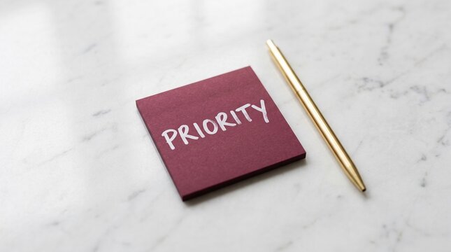 Dark red sticky note with the word priority and a gold pen on a white marble table stationery business planning management important handwriting