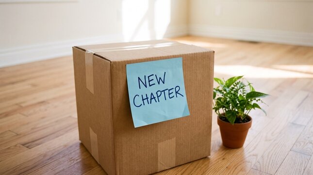 Cardboard moving box on wooden floor with blue sticky note saying new chapter adhesive house plant pot relocation empty room home