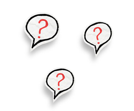 White speech bubbles with red question marks, with paper-like texture, imperfect black outlines, and soft shadows on transparent background.