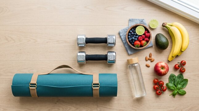 Healthy lifestyle flat lay with yoga mat, dumbbells, fresh fruits, vegetables, and water bottle on wooden floor, promoting fitness, wellness, organic food, home workout routine