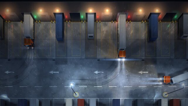 Top view of semi truck trailer reversing into loading dock at night rain animation