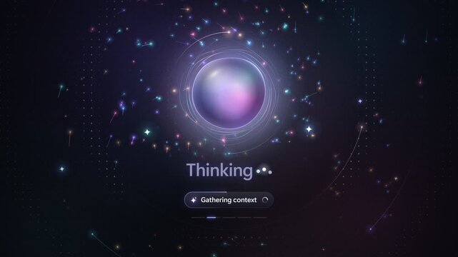 AI thinking indicator with glowing liquid gradient orb and reasoning steps in seamless 4k loop animation
