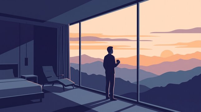 Minimalist vector illustration of a man watching a mountain sunrise, peaceful morning landscape view from a luxury hotel room, serene bedroom window