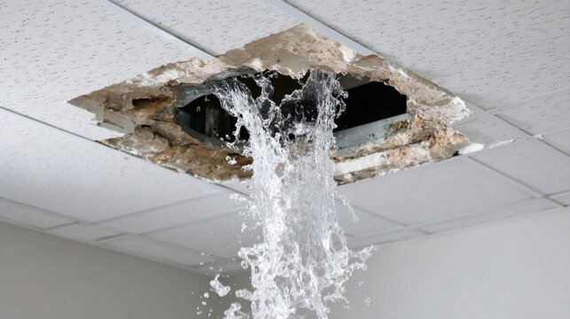 A major ceiling leak caused by a pipe burst, resulting in a large hole and heavy water pouring down.