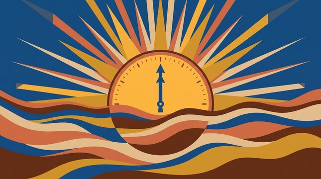 Vintage clock sun rising over waves, retro mid-century modern sunrise illustration, geometric time management and productivity concept art