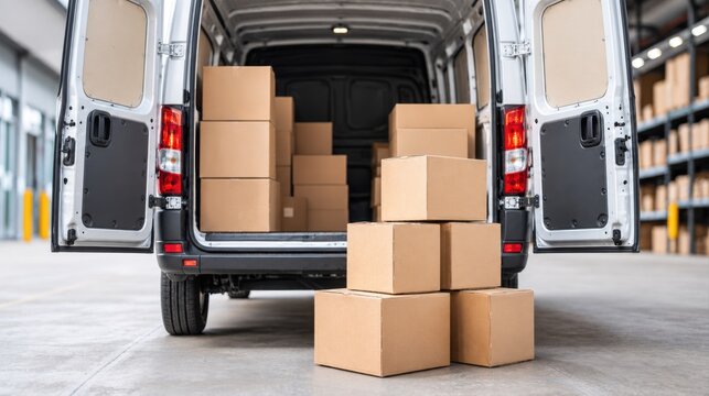 A delivery van with open rear doors is loaded with cardboard boxes in a large warehouse facility.