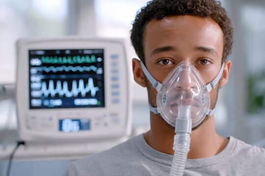 A close-up portrait of a young man wearing an oxygen mask with a heart monitor screen in the back.