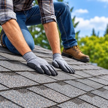 A construction worker kneels on a roof, inspecting the asphalt shingles while wearing work gloves.