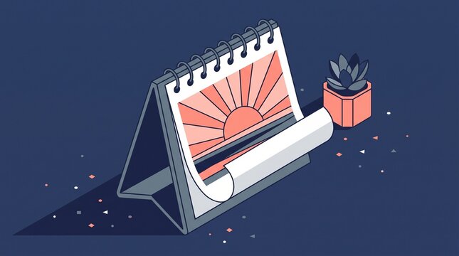Isometric desk calendar with sunrise illustration, minimalist office planner for scheduling and time management, navy and coral flat vector art