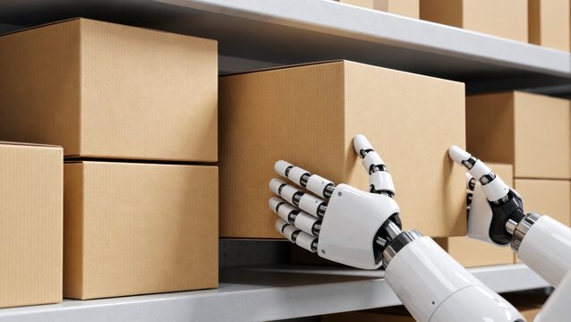 A robotic hand is carefully organizing and picking up a brown cardboard box on a warehouse shelf.