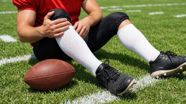 An athlete wearing a red uniform holds his injured knee while sitting on the green grass field.