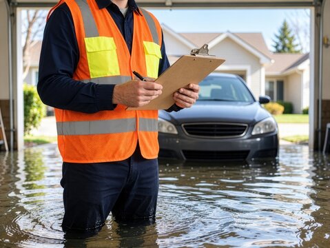 An insurance adjuster in a reflective vest surveys a flooded garage with a car parked inside water.