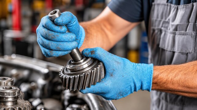 A close-up view of an auto mechanic wearing blue gloves holding a car transmission gear component.