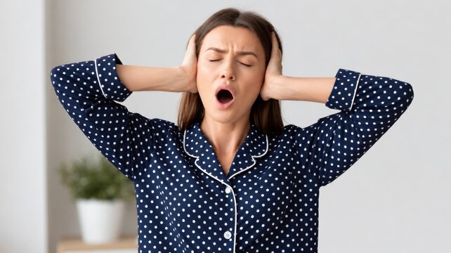 A woman wearing blue pajamas with white polka dots covers her ears and mouth as she yawns in pain.