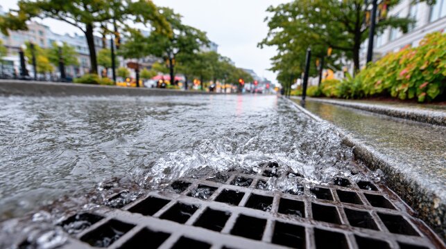 Storm water drains on a flooded city street as heavy rain causes severe urban infrastructure issues.