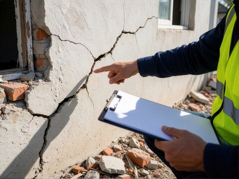 An inspector in a high-visibility vest examining large, dangerous cracks in a ruined house wall.