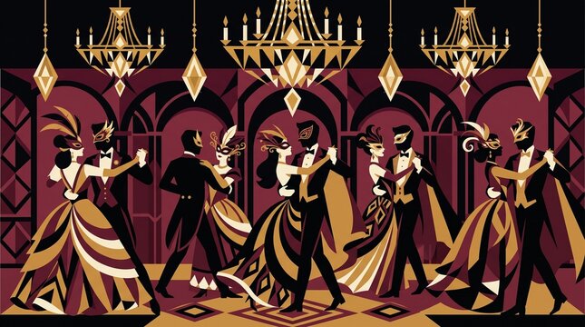 Vintage masquerade party scene, elegant masked dancers in a grand ballroom, luxury gold and burgundy art deco celebration illustration