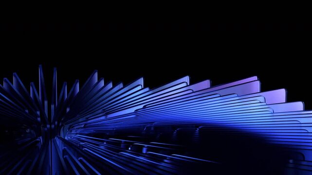 Dark blue glossy layered blades fanning out in a dynamic radial pattern on a black background, seamless loop, 3d rendered animation