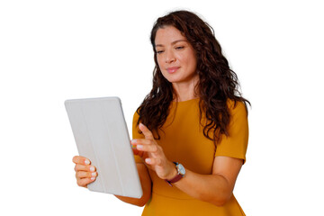 Woman working with digital tablet, browsing social media, researching information, enjoying online content, transparent background © Komora