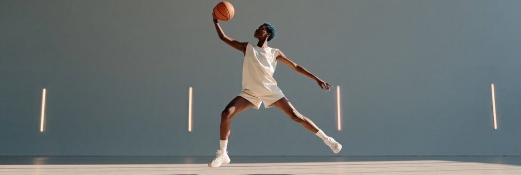 Dynamic basketball player leaping for a layup on an indoor court with dramatic lighting for sports banner background