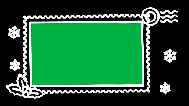 Hand Drawn Christmas Postage Stamp Frame, Postmark and Green Screen