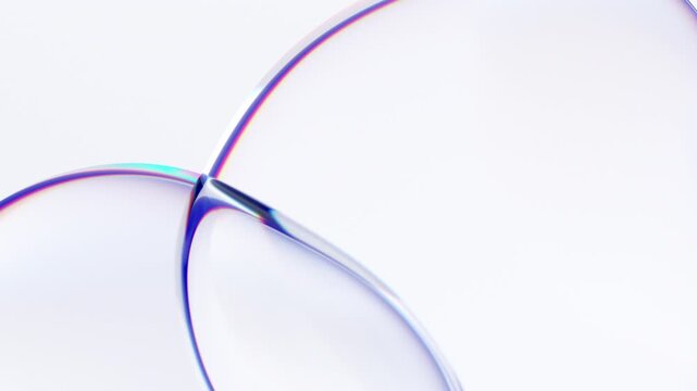 Clear glass bubbles with iridescent edges merging and morphing on a white background, minimal abstract, seamless loop, 3d rendered animation