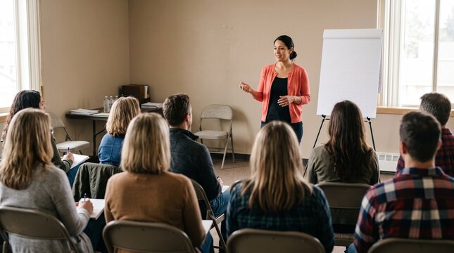 Female speaker giving presentation in community center at small business workshop. Audience or entrepreneur meeting room. Rear view of unrecognized participants in audience. Local seminar event.