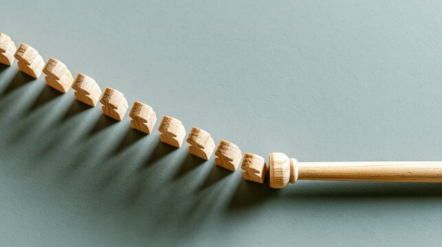 Wooden figurines in an organized retreating formation around a central wooden prop, illustrating an exit strategy and planned withdrawal