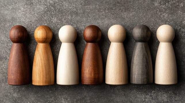 Wooden figurines arranged in a flat, single-level organizational structure on a gray surface