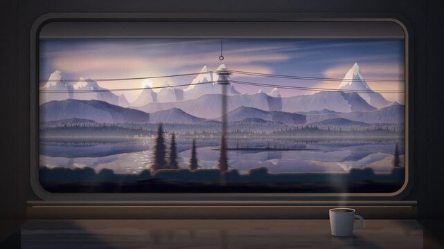 Scenic view of peaceful mountain landscape and lake from moving train window
