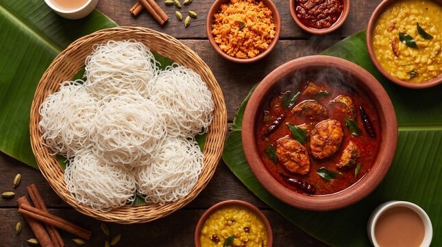 Traditional Sri Lankan String Hoppers (Idiyappam) served with Coconut Sambol and Spicy Curry