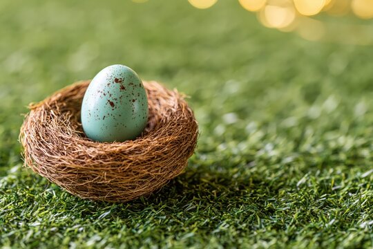 Pastel blue Easter egg resting in a woven bird nest on green grass in warm spring sunlight