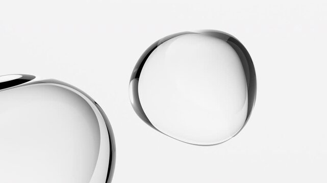 Clear liquid glass droplets floating and wobbling on a white background, minimal monochrome abstract, seamless loop, 3d rendered animation