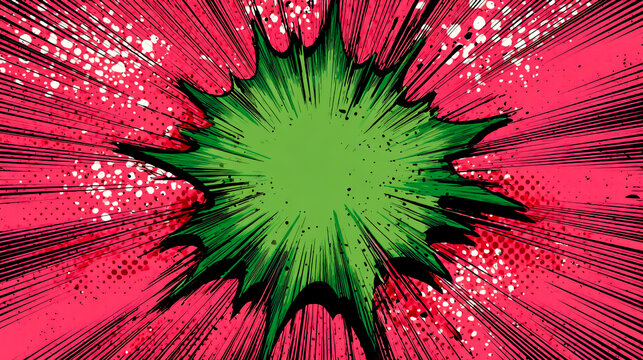 Red pop art background with a green comic book-style explosion in the center