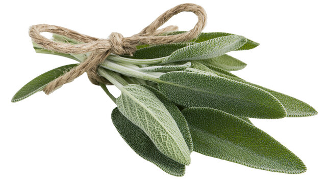 Fresh green sage herb bunch tied with rustic twine string