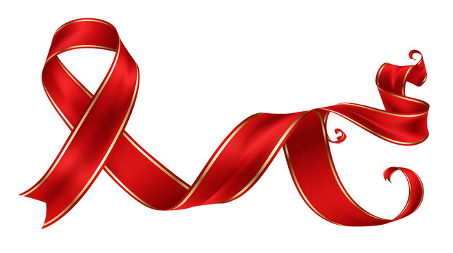 Red satin ribbon with gold edges curled in a flowing wave shape