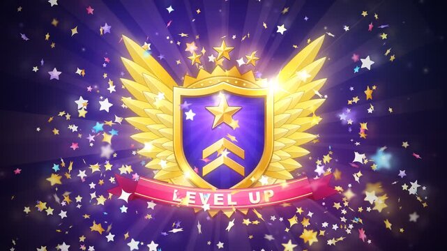 Level Up Badge Gold Shield With Wings And Confetti Seamless Loop Animation
