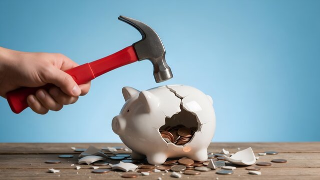 Hand holding a red and silver hammer striking a cracked white ceramic piggy bank revealing savings coins scattered on wooden surface with blue background